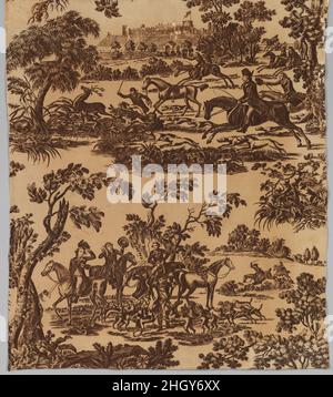 Cotone stampato in lastra di rame con King George III che caccia a Windsor Park 1785 dopo le incisioni di J. Seymour. Cotone stampato con piastra di rame e caccia King George III a Windsor Park. Dopo le incisioni di J. Seymour , pubblicato a Londra, 1779. Inglese. 1785. Cotone. Tessuto-stampato Foto Stock