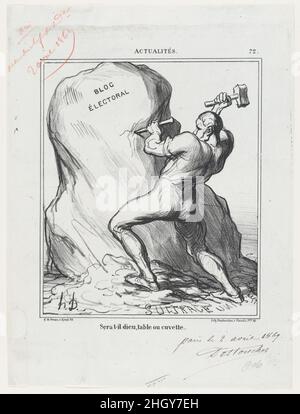 Sarà Dio, un tavolo, o un bacino?, da "News of the day", pubblicato in le Charivari, 12 aprile 1869 12 aprile 1869 Honoré Daumier. Sarà Dio, un tavolo, o un bacino?, da "News of the day", pubblicato in le Charivari, 12 aprile 1869. 'Notizie del giorno' (Actualités). Honoré Daumier (francese, Marsiglia 1808–1879 Valmondois). Aprile 12, 1869. Litografia, penna e inchiostro marrone, e matita rossa su carta da giornale; secondo stato di tre, prova (Delteil). Arnaud de Vresse. Stampa Foto Stock