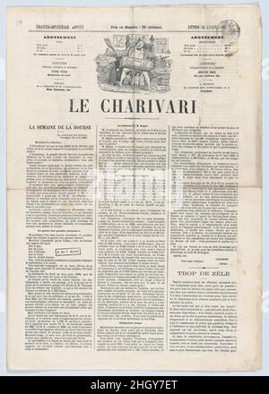 Quotidiano le Charivari, 12 aprile 1869: Sarà Dio, un tavolo, o un bacino?, da 'Notizie del giorno' 12 aprile 1869 Honoré Daumier ha piegato il giornale con la litografia Daumier sulla terza pagina. Quotidiano le Charivari, 12 aprile 1869: Sarà Dio, un tavolo, o un bacino?, da 'Notizie del giorno'. 'Notizie del giorno' (Actualités). Honoré Daumier (francese, Marsiglia 1808–1879 Valmondois). Aprile 12, 1869. Litografia su carta da giornale; terzo stato di tre (Delteil). Arnaud de Vresse. Stampa Foto Stock