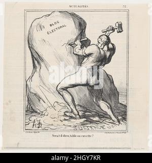 Will he be God, a table, or a basin?, from 'News of the day,' published in Le Charivari, April 12, 1869 April 12, 1869 Honoré Daumier. Will he be God, a table, or a basin?, from 'News of the day,' published in Le Charivari, April 12, 1869. 'News of the day' (Actualités). Honoré Daumier (French, Marseilles 1808–1879 Valmondois). April 12, 1869. Lithograph on newsprint; third state of three (Delteil). Arnaud de Vresse. Prints Stock Photo