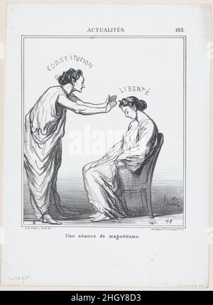 Una sessione di ipnotismo, da 'Notizie del giorno,' pubblicato in le Charivari, 31 agosto 1869 31 agosto 1869 Honoré Daumier. Una sessione di ipnotismo, da "News of the day", pubblicata in le Charivari, 31 agosto 1869. 'Notizie del giorno' (Actualités). Honoré Daumier (francese, Marsiglia 1808–1879 Valmondois). Agosto 31, 1869. Litografia su carta di spostamento; secondo stato di due (Delteil). Arnaud de Vresse. Stampa Foto Stock