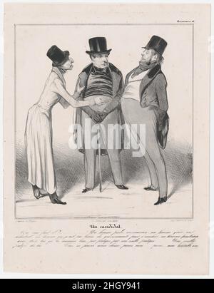 Piatto 48: Un candidato, da 'Caricaturana,' pubblicato in Les Robert Macaires 1838 Honoré Daumier Chi vuoi?... Un uomo retto, coscienzioso, sobrio, un industriale, un uomo che non ha bisogno del governo per arricchirsi, un uomo che conosce bene la legge, attraverso la pratica, una pratica molto lunga... una lunga pratica della legge... non si può scegliere meglio di... il mio amico onorevole. Targa 48: Un candidato, da 'Caricaturana,' pubblicato in Les Robert Macaires. 'Caricaturana'. Honoré Daumier (francese, Marsiglia 1808–1879 Valmondois). 1838. Litografia su carta straccia; secondo stato di Foto Stock