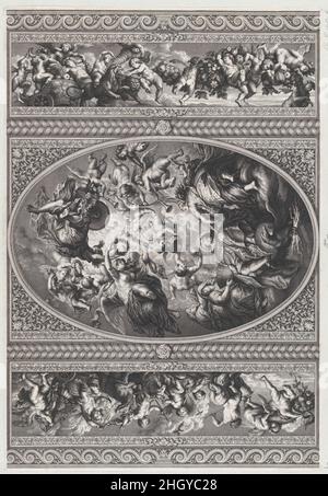 L'apoteosi di James i in un ovale al centro, frega con putti e ghirlande su entrambi i lati 1720 Simon Gribelin II dopo i dipinti a soffitto di Banqueting House a Whitehall, Londra. L'apoteosi di Giacomo i in un ovale al centro, frega con putti e ghirlande su entrambi i lati. Simon Gribelin II (Parigi 1661–1733, Londra attiva). 1720. Incisione. James i, re d'Inghilterra, Scozia e Irlanda (britannico, Edimburgo 1566–1625 Theobalds). Stampa Foto Stock