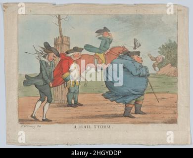 A Hail Storm 1800–1820 dopo Henry William Bunbury British tre uomini a piedi sono variamente colpiti da una squall su una strada, un altro a cavallo dietro tiene il naso, e un uomo che squatting dietro un cespuglio perde il cappello. Questa è una copia successiva di una stampa incisa e pubblicata da John Raphael Smith dopo Bunbury nel 1782. Una tempesta di grandine. Dopo Henry William Bunbury (britannico, Mildenhall, Suffolk 1750–1811 Keswick, Cumberland). 1800–1820. Incisione colorata a mano. Stampa Foto Stock