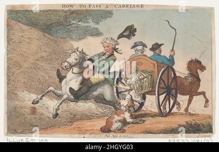 Come passare una carrozza 11 giugno 1808 Thomas Rowlandson. Come passare un carrello. Accademia per il cavaliere cresciuto, e Annali di cavaliere. Dopo Henry William Bunbury (britannico, Mildenhall, Suffolk 1750–1811 Keswick, Cumberland). Giugno 11, 1808. Incisione colorata a mano. Thomas Tegg (britannico, 1776–1846). Stampa Foto Stock