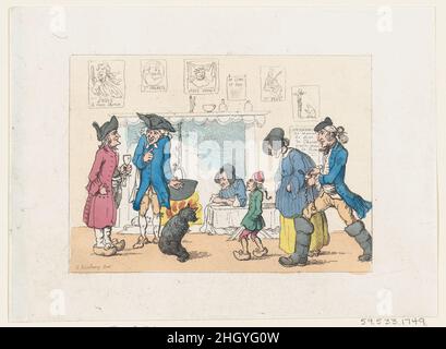 La cucina di una posta francese 1803 (?) (?) Thomas Rowlandson Bunbury viaggiò attraverso la Francia e l'Italia nel 1769, e produsse una serie di disegni divertenti che si divertono agli stranieri. Ha mostrato 'la Cuisine de la Poste' alla Royal Academy nel 1770, e John Harris ha fatto un attacco correlato nel 1771. Questa stampa successiva è stata probabilmente incisa da Thomas Rowlandson e pubblicata da Rudolph Ackermann intorno al 1803 come parte di un insieme che ha rivisitato i primi disegni di Bunbury. Le case postali erano locande situate a intervalli regolari lungo strade trafficate per offrire alloggio, rinfreschi, e cavalli per il noleggio. I piloti del posto si basavano su t Foto Stock