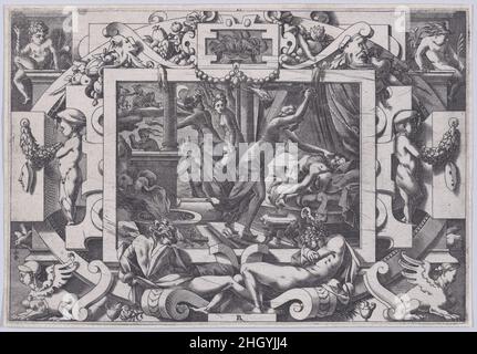 Pelias ucciso dalle sue Figlie (dont par pitié elles figlio di coraggio prenent ha cantato Vider per violento oltraggio...) 1563 René Boyvin Plate 23 del 26. Scena notturna, con le figlie di Pelias che entrano nella sua camera da letto e lo uccidono; una si vede brandire una spada mentre le altre si vedono scappare; entro un confine ornato. Una delle illustrazioni del Livre de la Conqueste de la Toison d'Or, pubblicata a Parigi nel 1563 e incisa da René Boyvin sulla base di disegni di Léonard Thiry. Jason, il famoso eroe dell'antichità, parte per una ricerca per trovare il vello d'oro che lo porta a incontrare Medea w Foto Stock