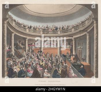 Surrey Institution 1 settembre 1809 progettato e inciso da Thomas Rowlandson per incoraggiare la conoscenza della scienza, della musica e della letteratura, il Surrey Institution è stato fondato con abbonamento privato nel 1807, modellato sulla Royal Institution che esisteva dal 1799. Locali adatti sono stati trovati nel Rotunda Building, a sud del Tamigi, vicino al lato Surrey del Blackfriars Bridge. Joseph T. Parkinson è stato impiegato per rinnovare la struttura decaduta, e i risultati sono stati una sala conferenze che ha seduto 500 (visto qui), biblioteca e sala lettura prestito, laboratorio chimico, collezione Foto Stock