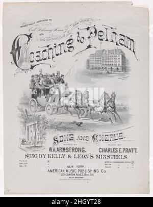 Coaching to Pelham (copertina di spartiti) 1876 American Music Publishing Company American questa copertina di spartiti musicali mostra un pullman trainato da quattro cavalli e caricato con passeggeri. Il suo percorso da Manhattan a Pelham è indicato dall'Hotel Broadway di cui sopra e dall'Arcularius Hotel nella parte settentrionale dello stato di New York. L'immagine è dedicata al colonnello Delancey Kane e al Coaching Club di New York. Coaching a Pelham (copertina per spartiti). 1876. Litografia. American Music Publishing Company (New York, NY). Stampa Foto Stock