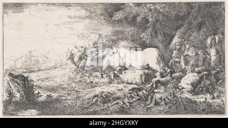 Noè e gli animali che entrano nell'arca ca. 1650–55 Giovanni Benedetto Castiglione (il Grechetto) l’ingresso degli animali nell’arca di Noè fu uno dei temi preferiti di Castiglione, che dipinse, disegnò e stampò per tutta la sua carriera. La storia ha permesso all'artista di raffigurare un vivace assortimento di animali: Coppie di cervi, mucche, pecore e anche cavie fanno il loro cammino verso l'arca debolmente delineata sullo sfondo. Un cavallo solato in mezzo al trono domina la composizione. Questo attacco dimostra un uso controllato del chiaroscuro ‘Rembrandt-esque’, che crea effetti drammatici Foto Stock