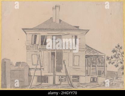 Dilapidated House 13 dicembre 1811 Anonimo, americano, 19th secolo il fuoco in questo disegno è decadimento pittoresco, con una struttura di legno del diciottesimo secolo sopra le fondamenta di mattone mostrate in grave disfacimento. Parti della parete esterna sono caduti per offrire una vista parziale dell'interno. Gli otturatori sono mostrati sia chiusi che aperti, e l'artista ha registrato attentamente una gamma di texture e datato il foglio con precisione. Casa dilapidata. Anonimo, americano, 19th secolo. Dicembre 13, 1811. Inchiostro, lavaggio e grafite. Disegni Foto Stock