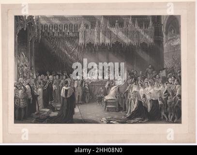 Incoronazione della Regina Vittoria 1842 Henry Thomas Ryall la regina diciannove anni fu incoronata nell'Abbazia di Westminster il 28 giugno 1838. Lei è qui mostrata sul trono antico di Edoardo i di fronte all'arcivescovo di Canterbury mentre i suoi nobili odiano il loro monarca con coroneti rialzati. Le noblewomen si levano dietro il trono e la famiglia reale assiste la cerimonia dal lato. L'incoronazione di Victoria imitò quella dello zio Guglielmo IV ed era modesta se paragonata alle sontuose cerimonie tenute da Giorgio IV. La stampa di Ryall si basa su un dipinto del 1839 di Hayter nella Royal Collection. Incoronazione della Regina Foto Stock