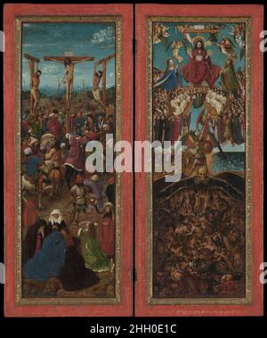 La Crocifissione; il Giudizio universale ca. 1440–41 Jan van Eyck Netherlandish Philip the Good, Duca di Borgogna, considerò Van Eyck (il suo pittore di corte) ineguagliabile nella sua “arte e scienza”. Infatti, i dipinti di Van Eyck, estesi ma microcosmici, sembrano essere osservati sia attraverso un microscopio che attraverso un telescopio. Nella Crocifissione, evoca una notevole gamma di emozioni tra le folle, contro una Gerusalemme immaginata. Il viaggio di Jan del 1426 attraverso le Alpi durante una missione diplomatica in Italia e nelle Terre Santa ha informato la sua raffigurazione naturalistica del paesaggio. Egli dà una forma altrettanto palpabile agli orrori di Foto Stock