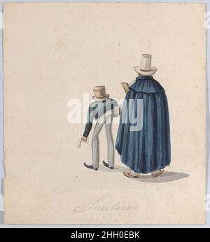 Due venditori di fortuna (?) Indossando cappelli superiori visti da dietro, da un gruppo di disegni raffiguranti il costume peruviano ca. 1848 attribuito a Francisco (Pancho) Fierro per un commento sul gruppo di disegni a cui appartiene, vedi 38.145.451.. Due venditori di fortuna (?) Indossando cappelli superiori visti da dietro, da un gruppo di disegni raffiguranti il costume peruviano. Attribuito a Francisco (Pancho) Fierro (Peruviano africano, 1807–1879). CA. 1848. Acquerello. Disegni Foto Stock