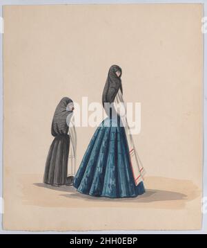 Due donne che indossano la saya visto di profilo, da un gruppo di disegni raffiguranti il costume peruviano ca. 1848 attribuito a Francisco (Pancho) Fierro per un commento sul gruppo di disegni a cui appartiene, vedi 38.145.451.. Due donne che indossano la saya sono viste in profilo, da un gruppo di disegni raffiguranti il costume peruviano. Attribuito a Francisco (Pancho) Fierro (Peruviano africano, 1807–1879). CA. 1848. Acquerello. Disegni Foto Stock