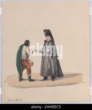 un canone che consegna un crocifisso ad un uomo, da un gruppo di disegni raffiguranti il costume peruviano 1848 attribuito a Francisco (Pancho) Fierro per un commento sul gruppo di disegni a cui appartiene, vedi 38.145.451.. un canone che consegna un crocifisso ad un uomo, da un gruppo di disegni raffiguranti il costume peruviano. Attribuito a Francisco (Pancho) Fierro (Peruviano africano, 1807–1879). 1848. Acquerello. Disegni Foto Stock