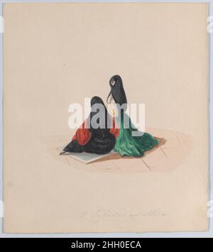 Due donne che indossano la saya frequentano la messa, da un gruppo di disegni raffiguranti il costume peruviano ca. 1848 attribuito a Francisco (Pancho) Fierro per un commento sul gruppo di disegni a cui appartiene, vedi 38.145.451.. Due donne che indossano la saya frequentano la messa, da un gruppo di disegni raffiguranti il costume peruviano. Attribuito a Francisco (Pancho) Fierro (Peruviano africano, 1807–1879). CA. 1848. Acquerello. Disegni Foto Stock