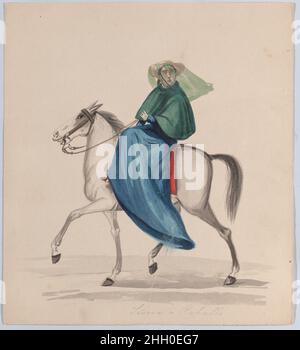 Una donna elegantemente vestita a cavallo, da un gruppo di disegni raffiguranti il costume peruviano ca. 1848 attribuito a Francisco (Pancho) Fierro per un commento sul gruppo di disegni a cui appartiene, vedi 38.145.451.. Donna vestita elegantemente a cavallo, da un gruppo di disegni raffiguranti il costume peruviano. Attribuito a Francisco (Pancho) Fierro (Peruviano africano, 1807–1879). CA. 1848. Acquerello. Disegni Foto Stock