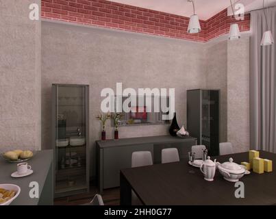 Townhouse in stile loft. Design interno per la casa. 3d sala da pranzo render per ispirazione Foto Stock