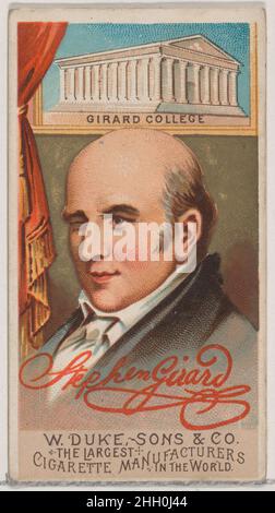 Stephen Girard, dalla serie Great Americans (N76) per le sigarette di marca Duke 1888 emesse da W. Duke, Sons & Co. Carte commerciali della serie 'Great Americans' (N76), emesse in un insieme di 50 carte nel 1888 per promuovere le sigarette di marca W. Duke Sons & Co. Ci sono due varianti della carta Beecher, una dove si affaccia a sinistra e una dove si affaccia a destra. Questa è la variante rivolta a sinistra. Stephen Girard, dalla serie Great Americans (N76) per le sigarette di marca Duke. 1888. Litografia commerciale a colori. Rilasciato da W. Duke, Sons & Co. (New York e Durham, N.C.) Foto Stock