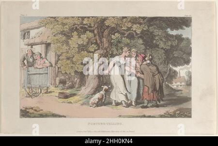 Fortune-telling, dal 'Vicario di Wakefield' 1 maggio 1817 Thomas Rowlandson il Vicario di Wakefield fu scritto da Oliver Goldsmith tra il 1761 e il 62, pubblicato nel 1766, e successivamente illustrato con ventiquattro disegni di Thomas Rowlandson nel 1817. Fortune-telling, da 'il Vicario di Wakefield'. 'Il Vicario di Wakefield'. Thomas Rowlandson (British, Londra 1757–1827 Londra). Maggio 1, 1817. Acquaforte e acquatinta colorate a mano. Rudolph Ackermann, Londra (attivo dal 1794 al 1829). Stampa Foto Stock