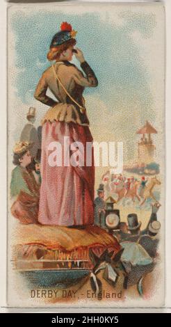 Derby Day, Inghilterra, dalla serie Holidays (N80) per le sigarette a marchio Duke 1890 emesse da W. Duke, Sons & Co. American Trade cards della serie 'Holidays' (N88), emesse in un set di 50 carte nel 1890 per promuovere le sigarette a marchio W. Duke Sons & Co. La serie raffigura cittadini di vari paesi in abito tradizionale per celebrare le vacanze locali. Ogni carta verso contiene il titolo della serie, una descrizione della particolare vacanza e la sua storia, così come un annuncio per W. Duke, Sons & Co. Produttori di tabacco Goodwin & Co. Ha anche pubblicato questa serie con marchio pubblicità per Old Judge e D. Foto Stock