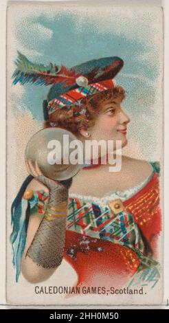 Caledonian Games, Scozia, della serie Holidays (N80) per le sigarette Duke 1890 emesse da W. Duke, Sons & Co. American Trade Card della serie 'Holidays' (N88), emesse in un set di 50 carte nel 1890 per promuovere le sigarette W. Duke Sons & Co. La serie raffigura cittadini di vari paesi in abito tradizionale per celebrare le vacanze locali. Ogni carta verso contiene il titolo della serie, una descrizione della particolare vacanza e la sua storia, così come un annuncio per W. Duke, Sons & Co. Produttori di tabacco Goodwin & Co. Ha anche pubblicato questa serie con la pubblicità di marca per Old Jud Foto Stock