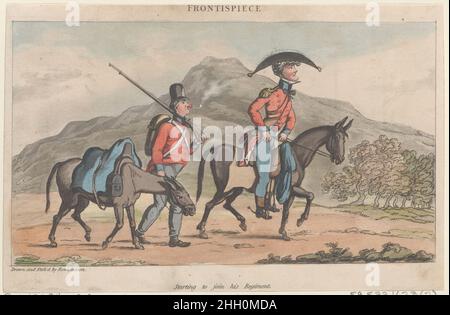 Frontespizio: Iniziando ad unirsi al suo reggimento, da 'le avventure militari di Johnny Newcome' 1815 Thomas Rowlandson Johnny cavalca un piccolo cavallo, seguito dal suo servo Teague o'Connor che guida un mulo-zaino e tiene un muschio. Frontespizio: Inizia ad unirsi al suo reggimento, da 'le avventure militari di Johnny Newcome'. "Le avventure militari di Johnny Newcome". Thomas Rowlandson (British, Londra 1757–1827 Londra). 1815. Acquaforte colorata a mano e acquatinta. Patrick Martin & Co (British, Londra attiva, 1813–15). Stampa Foto Stock