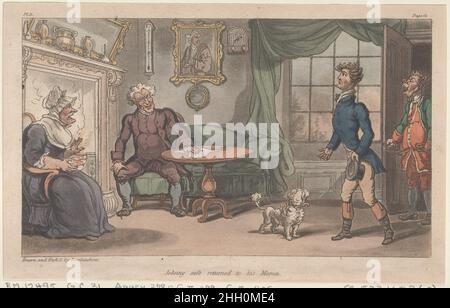 Johnny safe tornò al suo Mama, da 'The Military Adventures of Johnny Newcome' 1815 Thomas Rowlandson Johnny, in vestito civile, è mostrato in un salotto da un footman. I suoi genitori si siedono accanto al fuoco a sinistra. Johnny safe tornò al suo Mama, da 'The Military Adventures of Johnny Newcome'. "Le avventure militari di Johnny Newcome". Thomas Rowlandson (British, Londra 1757–1827 Londra). 1815. Acquaforte colorata a mano e acquatinta. Patrick Martin & Co (British, Londra attiva, 1813–15). Stampa Foto Stock