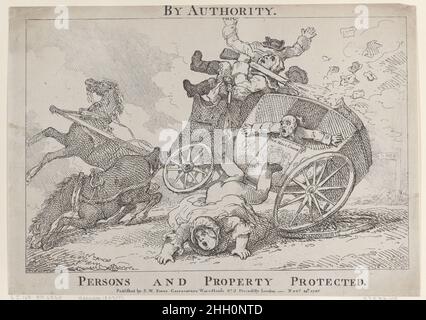 Da parte dell'autorità. Persone e proprietà protette 24 novembre 1785 Thomas Rowlandson Una mail coach si capovolge perché la ruota posteriore è caduta. I passeggeri cadono fuori dal pullman, e uno di loro accidentalmente spara una pistola a posteriormente una donna anziana.possibilmente una ristampa. Da parte dell'autorità. Persone e proprietà protette. Thomas Rowlandson (British, Londra 1757–1827 Londra). Novembre 24, 1785. Acquaforte. S. W. Fores (Londra). Stampa Foto Stock