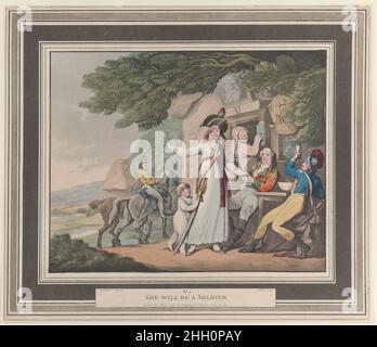 No. 1: Lei sarà una soldato 1 maggio 1798 Heinrich Joseph Schütz fuori di una locanda, due soldati e una ragazza bere insieme punch. Si alza, indossando il cappello e la cintura di spada di un ufficiale che tiene la mano, mentre un bambino gioca con la spada a sinistra. No. 1: Sarà una soldato. Heinrich Joseph Schütz (tedesco, Francoforte 1760–1822 Francoforte). Maggio 1, 1798. Acquaforte. Rudolph Ackermann, Londra (attivo dal 1794 al 1829). Stampa Foto Stock