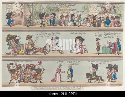 A Lilliputian Vauxhall, Grotesque Borders for Rooms & Halls 25 ottobre 1800 Thomas Rowlandson tre strisce disposte orizzontalmente con varie scene. A Lilliputian Vauxhall, grottesche frontiere per camere e sale. Thomas Rowlandson (British, Londra 1757–1827 Londra). Ottobre 25, 1800. Incisione colorata a mano. Rudolph Ackermann, Londra (attivo dal 1794 al 1829). Stampa Foto Stock