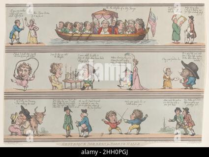 Grotesque Borders for Rooms & Halls [29 ottobre 1800], ristampa Thomas Rowlandson tre strisce disposte orizzontalmente con varie scene. Bordi grotteschi per camere e sale. Thomas Rowlandson (British, Londra 1757–1827 Londra). [29 ottobre 1800], ristampa. Incisione colorata a mano. Rudolph Ackermann, Londra (attivo dal 1794 al 1829). Stampa Foto Stock