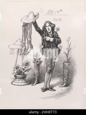 Wilde su di noi. Something to 'Live Up' to in America (pubblicato in 'Harper's Bazar', 10 giugno 1882) pubblicato originariamente 1882 Thomas Nast questa è una prova di un'incisione in legno pubblicata in Harper's Bazar. Oscar Wilde vestito con un abito in velluto con ginocchiere, punta a stivali da lavoro e un cappello di paglia con la scritta "i pittoreschi minatori nelle Montagne Rocciose". Le sue tasche sono piene di moneybag, e girasoli crescono da una colonna capitale dietro. Più girasoli e un giglio cresce da un altro paio di stivali. Un cappello poggiato su un cudgel è etichettato "for Sun & Rain". Graffiti sul muro dietro raffigura uomini fi Foto Stock