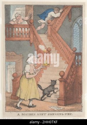 Un Aunt Maiden che odora fuoco [1 maggio 1806], ristampato 1 maggio 1812 Thomas Rowlandson una zia anziana si erge ai piedi della scala con una candela e un gatto, mentre la sua nipote si alza sulle scale sopra come il suo amante scappa sulle scale a destra. Una zia di Maiden che odora il fuoco. [1 maggio 1806], ristampato il 1 maggio 1812. Incisione colorata a mano. Stampa Foto Stock