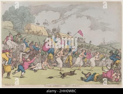 Rural Sports, Smock Racing [1 ottobre 1811], ristampa Thomas Rowlandson una folla di orologi tre ragazze di campagna che gareggia a piedi nudi e scantilly clad. Una quarta ragazza è stata scattata da un cane a sinistra. Sport rurali, Smock Racing. Thomas Rowlandson (British, Londra 1757–1827 Londra). [1 ottobre 1811], ristampa. Incisione colorata a mano. Thomas Tegg (britannico, 1776–1846). Stampa Foto Stock