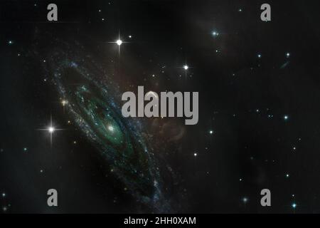 Buco nero con griglia e nebulosa su stelle colorate e campi nuvolati nello spazio esterno. Elementi di questa immagine forniti dalla NASA. Foto Stock