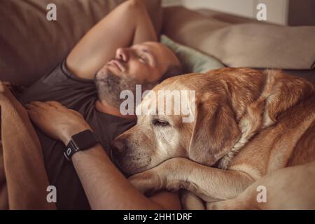 Un uomo dorme sul divano con un cane Labrador. pet, amicizia Foto Stock