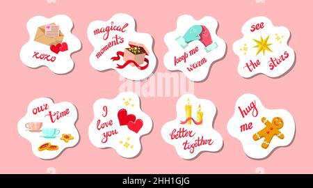 Set di colorati adesivi per San Valentino per gli amanti, in nuvole bianche, speciali frasi romantiche scritte a mano, messaggi, simboli Illustrazione Vettoriale