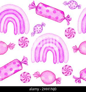 Acquerello disegno a mano senza cuciture con pastello rosa caramelle caramelle caramelle caramelle caramelle caramelle zucchero cotone. Dolce dessert per la festa di compleanno delle ragazze. Stampa per avvolgere carta tessile Foto Stock
