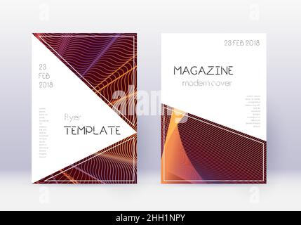 Set di template per design di copertura triangolare. Righe astratte arancioni su sfondo rosso vino. Incredibile design della copertina. Catalogo eccezionale, poster, modello di libro Illustrazione Vettoriale
