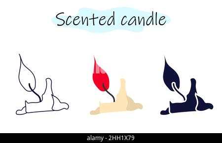 Una candela aromatica che brucia con il fuoco. La candela era quasi spenta. Aromaterapia. Illustrazione vettoriale a colori, lineare e solida attivata Illustrazione Vettoriale