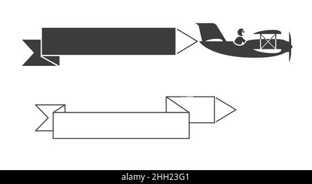 Modello di banner piano. Un velivolo a motore singolo sotto il controllo di un pilota trascina un banner a nastro. Nero pieno e elemento di design line art. Vet. Piatta Illustrazione Vettoriale