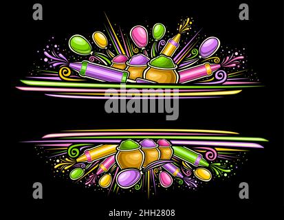 Bordo vettoriale per il Festival Holi con spazio di copia per il testo, layout orizzontale con illustrazione di vari palloncini colorati, polvere decorativa gulale in Illustrazione Vettoriale