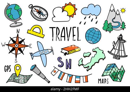 Icone di viaggio in stile doodle disegnato a mano. Simboli turistici e geografici. Illustrazione vettoriale su sfondo bianco Illustrazione Vettoriale