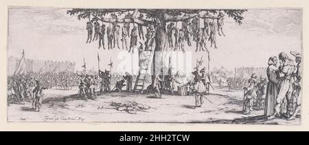 La Pendasion (il Hanging), da Les Misères et les Mal-Heures de la Guerre (le miserie e le sorti della guerra), piatto 11 1633 Jacques Callot francese. La Pendasion (il Hanging), da Les Misères et les Mal-Heures de la Guerre (le miserie e le sorti della guerra), piatto 11. Les Misères et les Mal-Heures de la Guerre. Jacques Callot (francese, Nancy 1592–1635 Nancy). 1633. Incisione; primo o secondo stato di tre (Lieure). Israël Henriet (francese, Nancy ca. 1590–1661 Parigi). Stampa Foto Stock