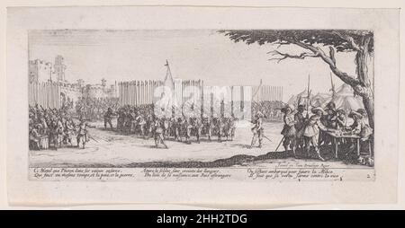 L'enrolement des Troupes (l'Enlistment delle truppe), da Les Misères et les Mal-Heures de la Guerre (le miserie e le sorti della guerra), piatto 2 1633 Jacques Callot francese. L'enrolement des Troupes (l'Enlistment delle truppe), da Les Misères et les Mal-Heures de la Guerre (le miserie e le sorti della guerra), piatto 2. Les Misères et les Mal-Heures de la Guerre. Jacques Callot (francese, Nancy 1592–1635 Nancy). 1633. Incisione; secondo stato di tre (Lieure). Israël Henriet (francese, Nancy ca. 1590–1661 Parigi). Stampa Foto Stock