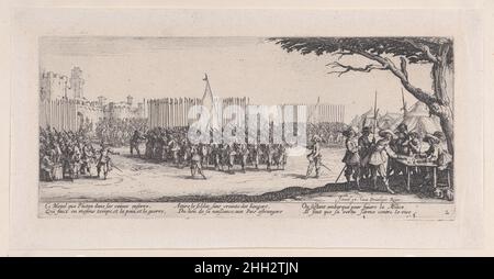 L'enrolement des Troupes (l'Enlistment delle truppe), da Les Misères et les Mal-Heures de la Guerre (le miserie e le sorti della guerra), piatto 2 1633 Jacques Callot francese. L'enrolement des Troupes (l'Enlistment delle truppe), da Les Misères et les Mal-Heures de la Guerre (le miserie e le sorti della guerra), piatto 2. Les Misères et les Mal-Heures de la Guerre. Jacques Callot (francese, Nancy 1592–1635 Nancy). 1633. Incisione; secondo stato di tre (Lieure). Israël Henriet (francese, Nancy ca. 1590–1661 Parigi). Stampa Foto Stock