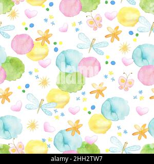 Set di design con acquerelli astratti, fiori e libellula, illustrazione per i bambini concetto Foto Stock