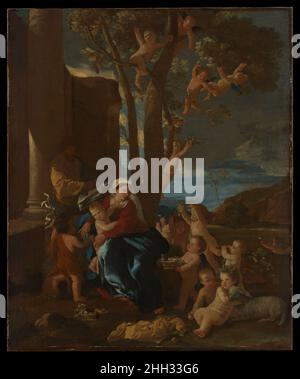 La Sacra Famiglia con San Giovanni Battista ca. 1627 Nicolas Poussin French Poussin tornò al tema della Sacra Famiglia durante tutta la sua carriera. Durante i primi anni a Roma, era particolarmente interessato alla pittura veneziana, studiando le grandi composizioni mitologiche di Tiziano, in particolare i Bacchani, da cui trae ispirazione per i cherubini fruttiferi e il paesaggio di questo dipinto. Il gruppo di famiglia si siede sotto un albero di mele con un vitigno d'uva che si attorciglia attorno ad esso. Una mela soletta si siede centralmente su una coperta a forma di protezione ai piedi della composizione. Come simboli di salvezza, a Foto Stock
